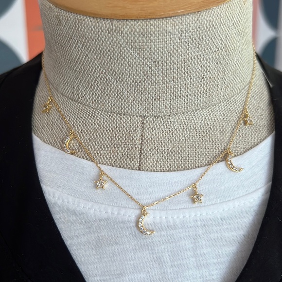 NEW Dainty Gold Collar Necklace With Pave Moon and Star Charms - Picture 1 of 4